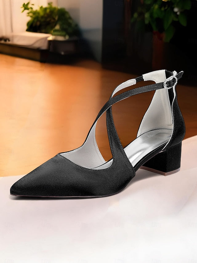 Toe Pointed Block Elegant - Satin Women's Heels Ivory