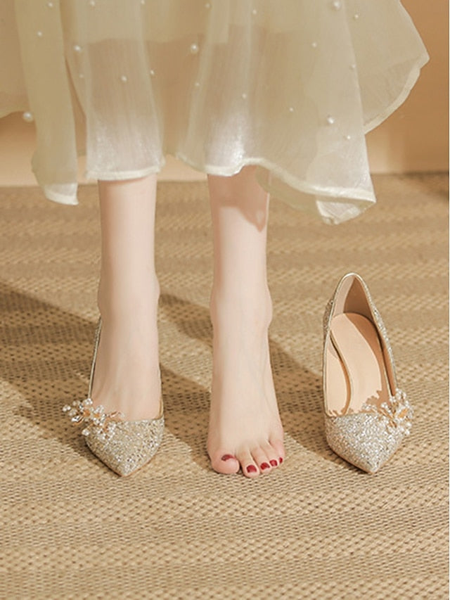 Glitter with Stiletto Silver Floral Heels Women's