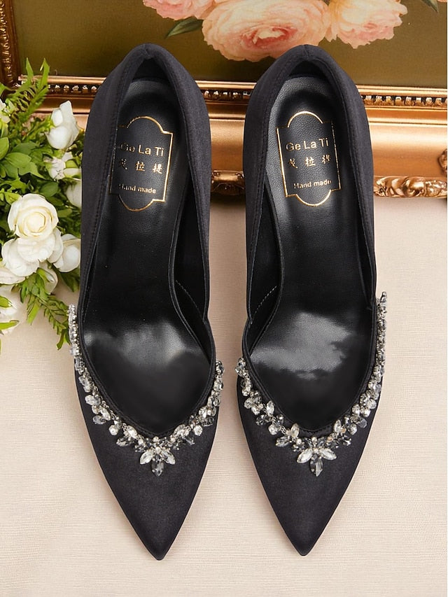 Heels Satin Embellishment Crystal Toe Women's Pointed with