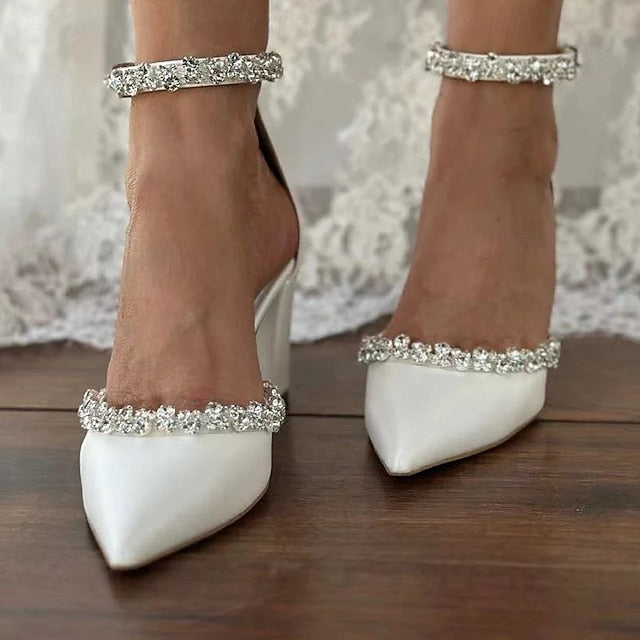 Women's Toe Heel White Block – Wedding Shoes with Pointed