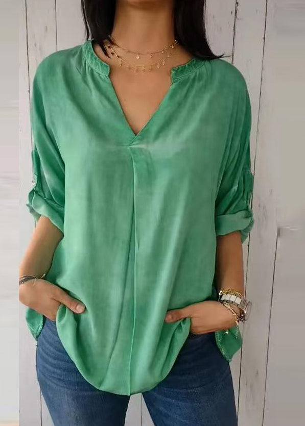 2025 Neck Shirt Sleeve V Green Solid Short