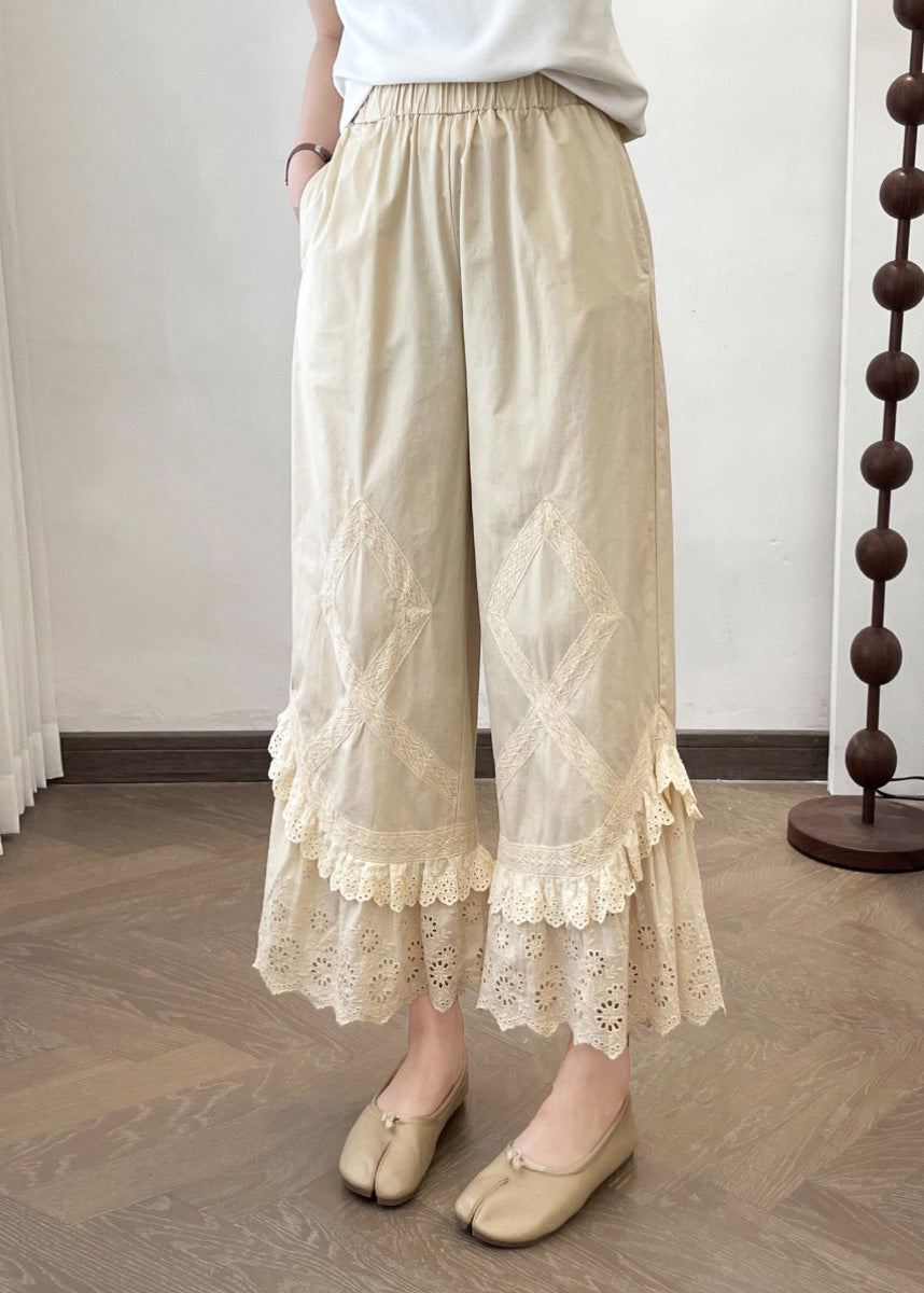 Sample2025 Summer New Apricot Lace Splicing Wide Leg Pants