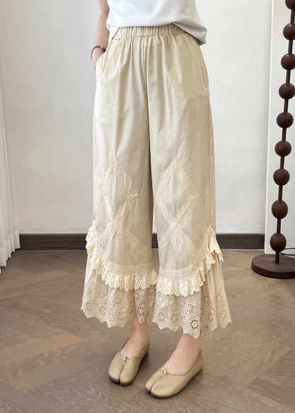 Sample2025 Summer New Apricot Lace Splicing Wide Leg Pants
