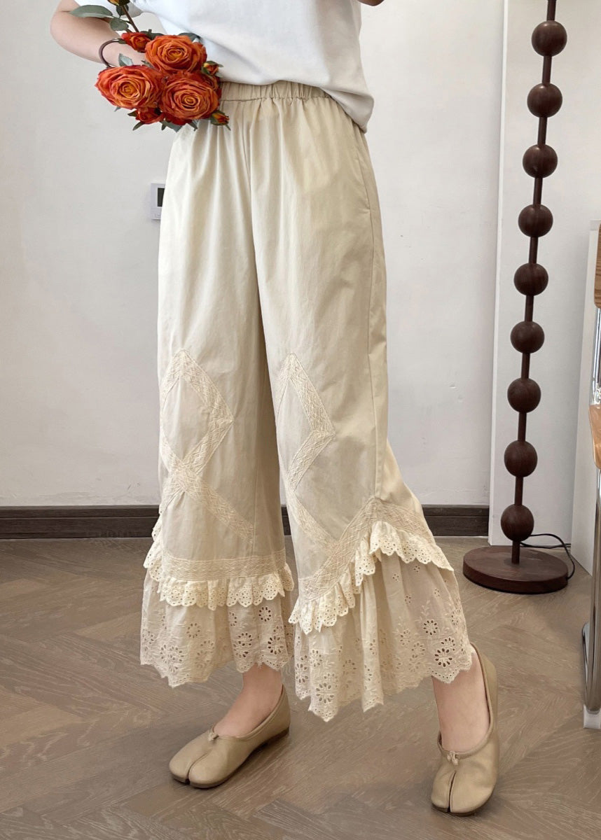 Sample2025 Summer New Apricot Lace Splicing Wide Leg Pants