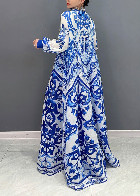 Wholesale Sample2025 Summer New Blue And White Porcelain Print Chiffon Pleated Long Dress