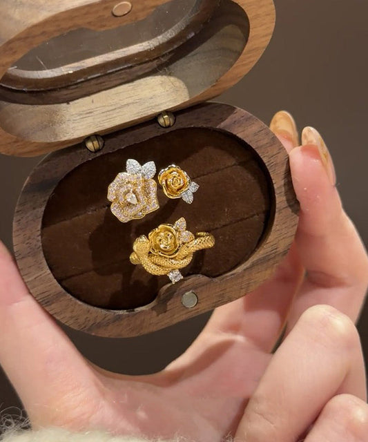 Set Gold Snake Zircon Rings Antique Piece Floral Two