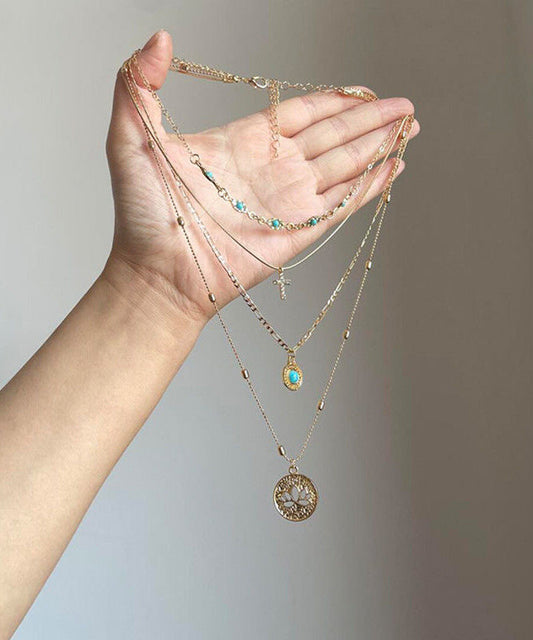 Out Turquoise Tassel Necklace Layered Gold Art Pendant Overgild Hollow Silver Sterling