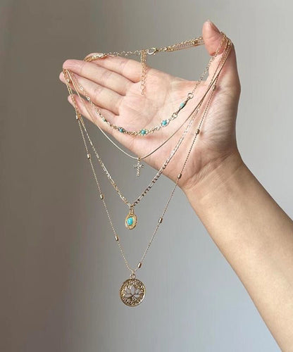 Out Turquoise Tassel Necklace Layered Gold Art Pendant Overgild Hollow Silver Sterling