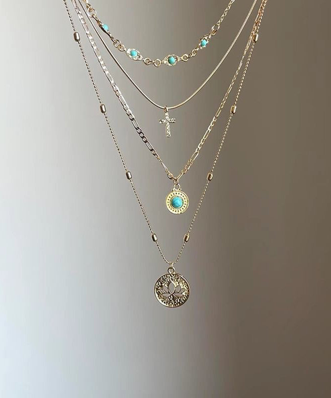 Out Turquoise Tassel Necklace Layered Gold Art Pendant Overgild Hollow Silver Sterling