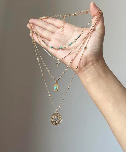 Out Turquoise Tassel Necklace Layered Gold Art Pendant Overgild Hollow Silver Sterling