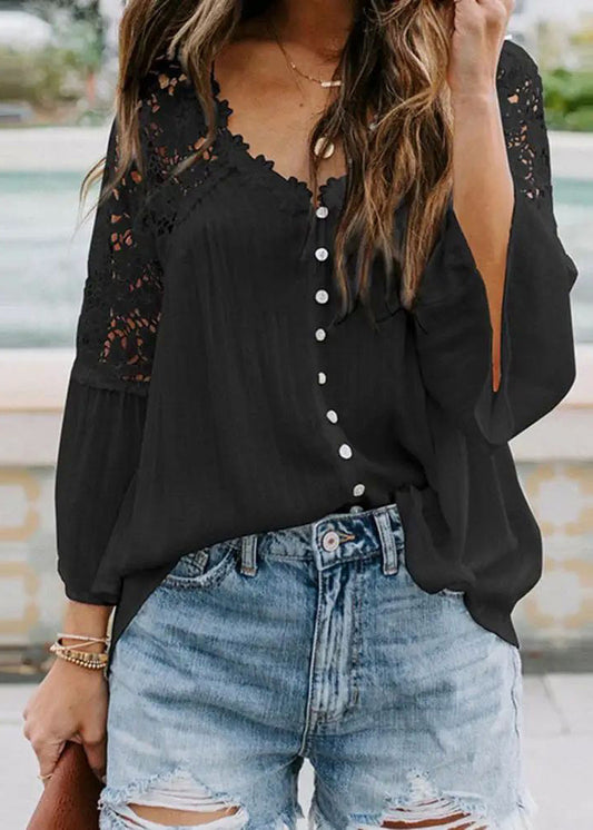 V Solid Out Hollow Neck Black Tops Fall
