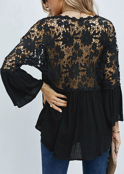 V Solid Out Hollow Neck Black Tops Fall
