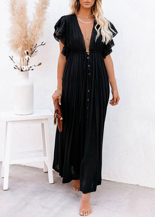 Wholesale SampleBlack Ruffled Patchwork Solid Long Dress Summer