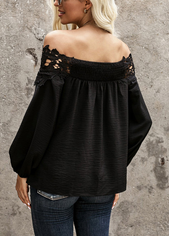 Black Shirt Lace Lantern Neck Patchwork Slash Sleeve
