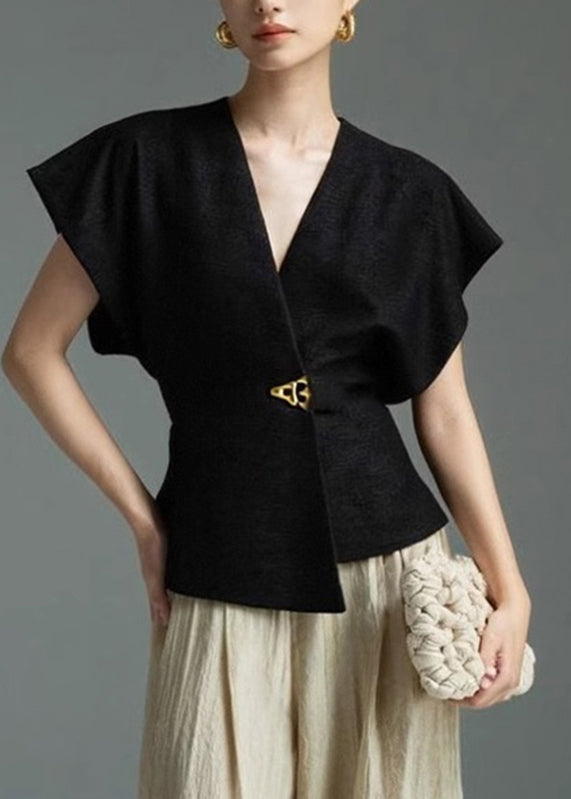 SampleBlack Solid Shirt Asymmetrical Sleeveless