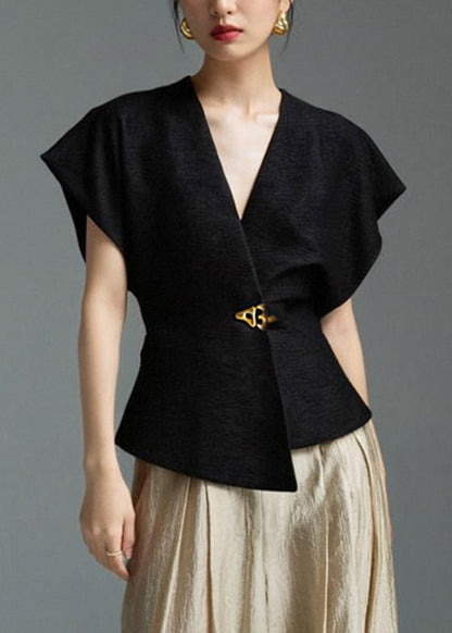 SampleBlack Solid Shirt Asymmetrical Sleeveless