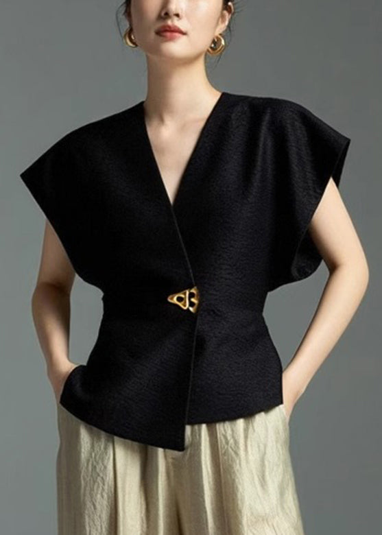 SampleBlack Solid Shirt Asymmetrical Sleeveless