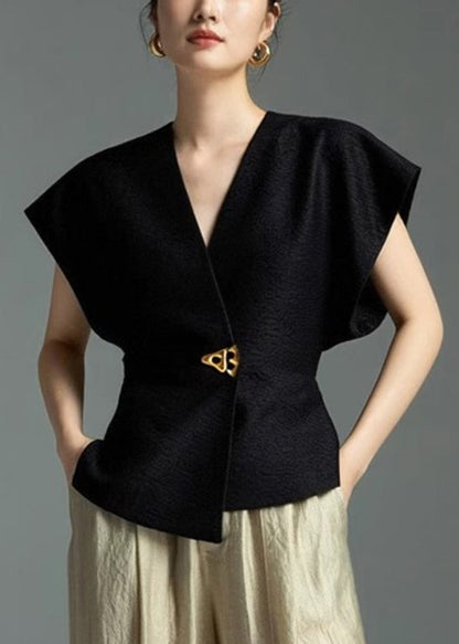SampleBlack Solid Shirt Asymmetrical Sleeveless