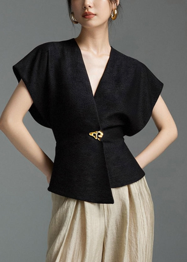 SampleBlack Solid Shirt Asymmetrical Sleeveless