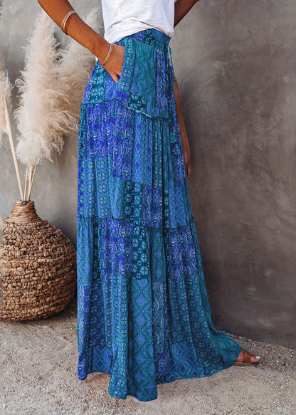 Skirts Pockets Summer Blue Maxi Waist Elastic