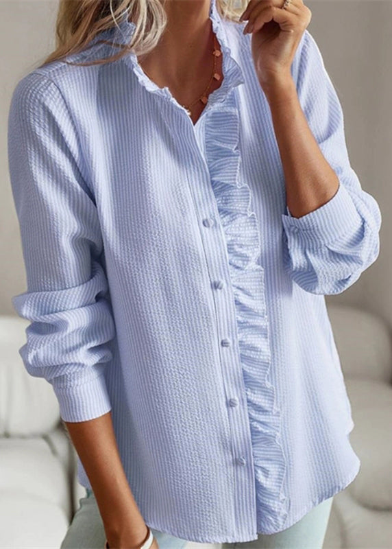 Solid Sleeve Shirt Blue Ruffled Puff Patchwork