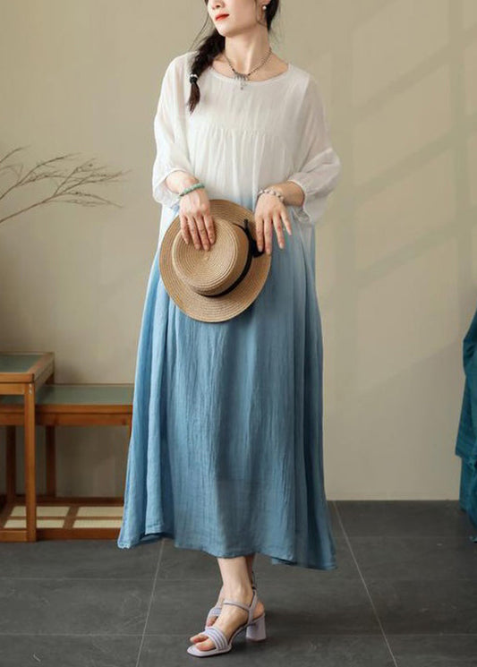 Wholesale SampleBlue Wrinkled Cotton Dresses O Neck Summer