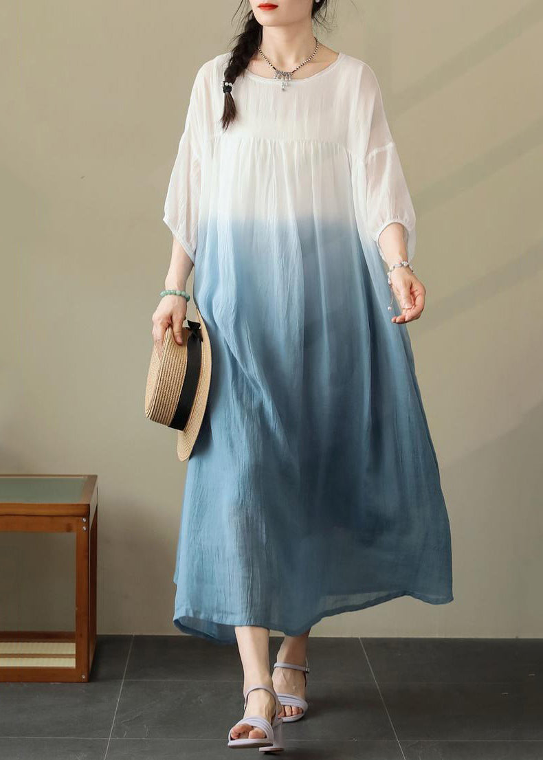 Wholesale SampleBlue Wrinkled Cotton Dresses O Neck Summer