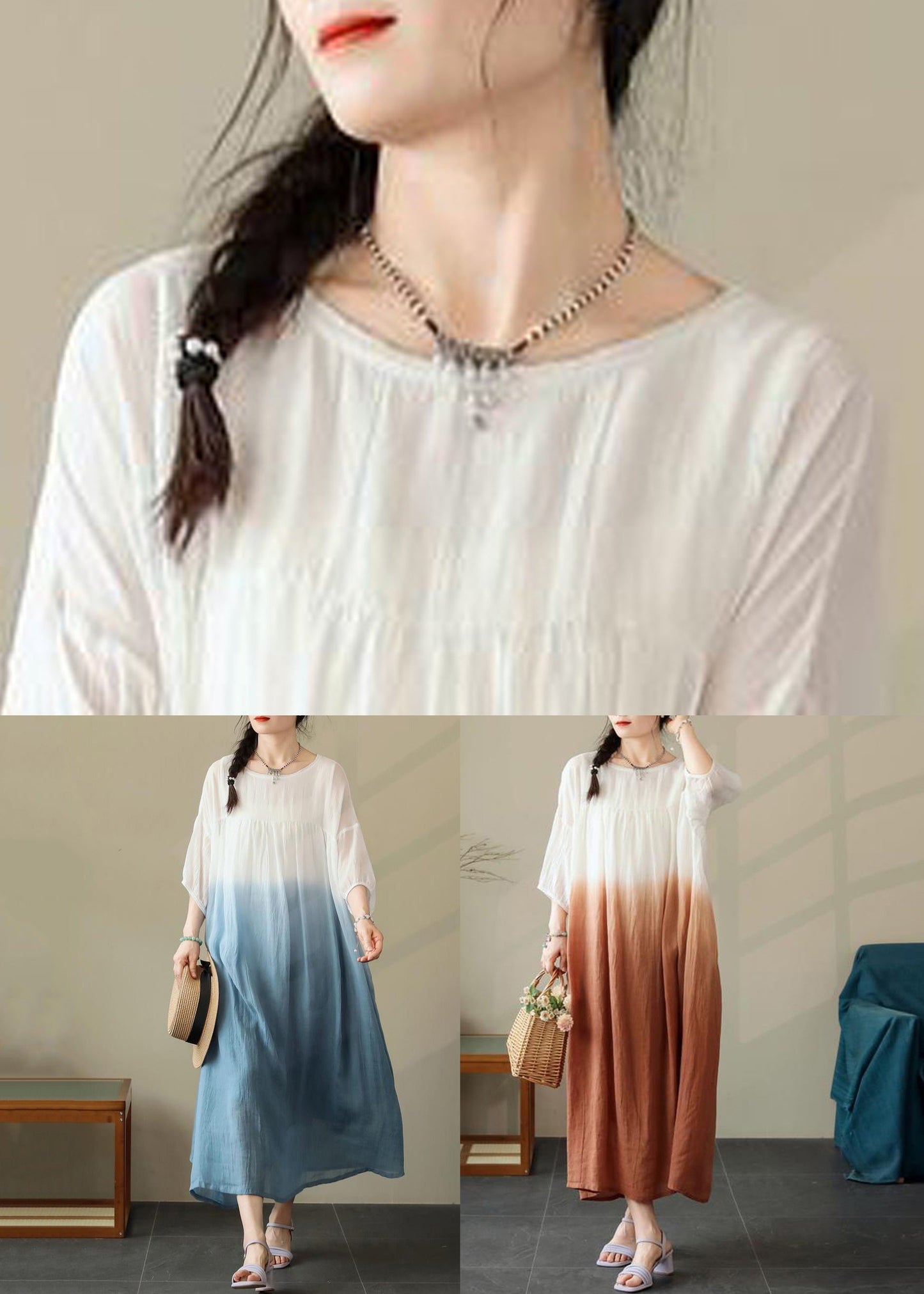 Wholesale SampleBlue Wrinkled Cotton Dresses O Neck Summer