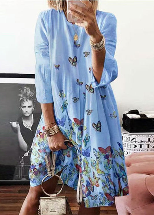 Wholesale SampleBohemian Blue O Neck Butterfly Print Cotton Mid Dress Summer