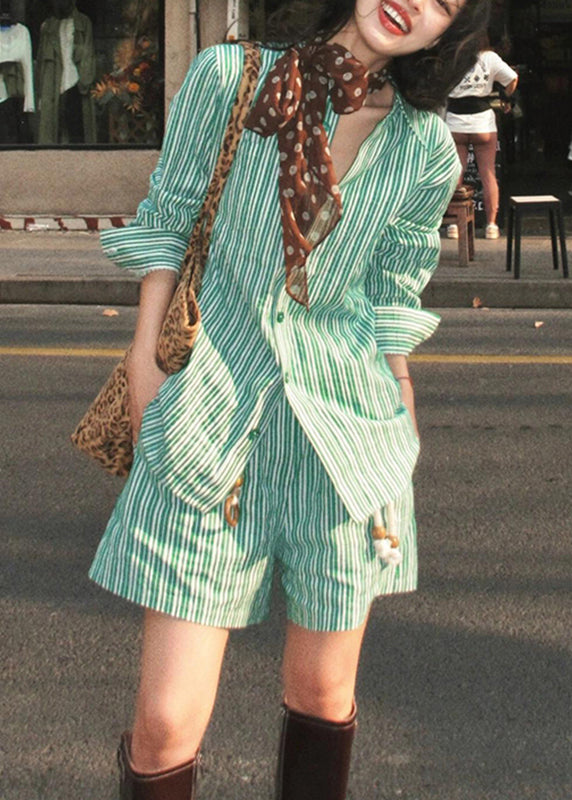 Collar Shorts Pan Shirts Striped Summer And Bohemian Two Set Green Pieces Peter