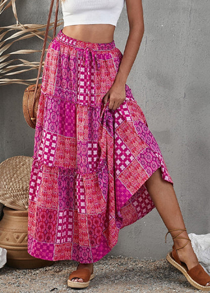 Purple Patchwork A Print Skirt Bohemian Line Ruffled