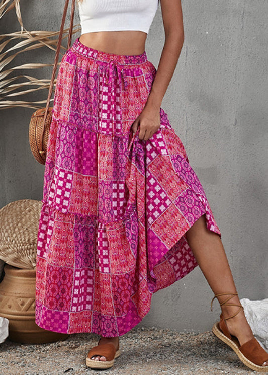 Purple Patchwork A Print Skirt Bohemian Line Ruffled