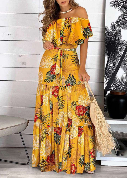 Cold Yellow Dress Shoulder Short Maxi Wrinkled Sleeve Bohemian Print