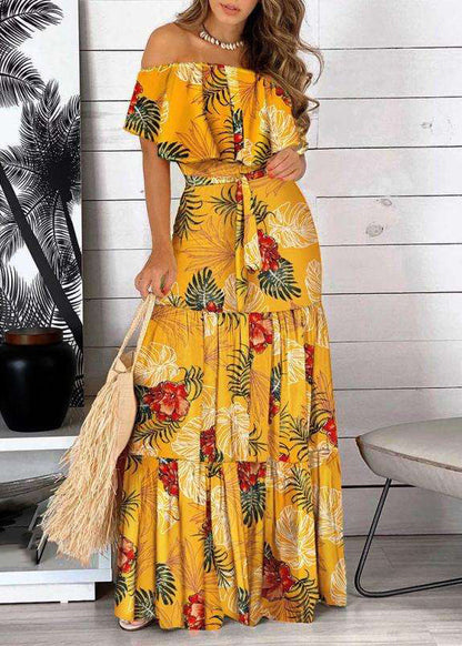 Cold Yellow Dress Shoulder Short Maxi Wrinkled Sleeve Bohemian Print