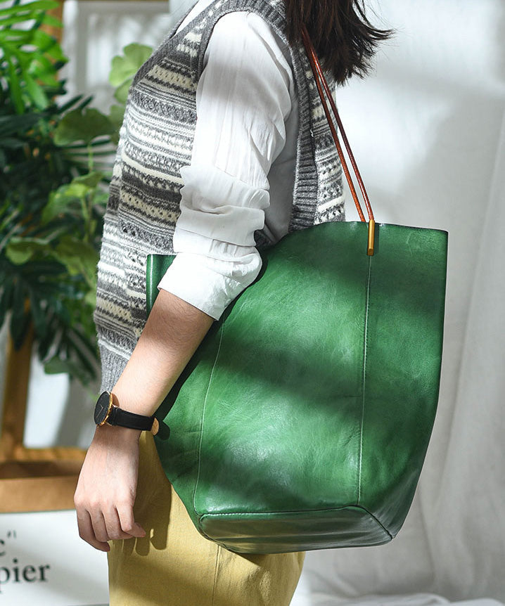 Large Leather Capacity Bucket Bag Green Boho
