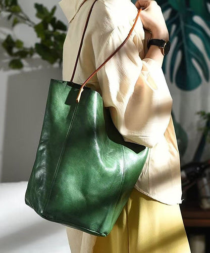 Large Leather Capacity Bucket Bag Green Boho