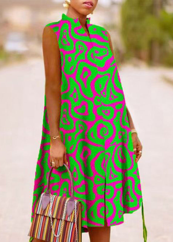 Print Stand Summer Green Dresses Boho Maxi Collar