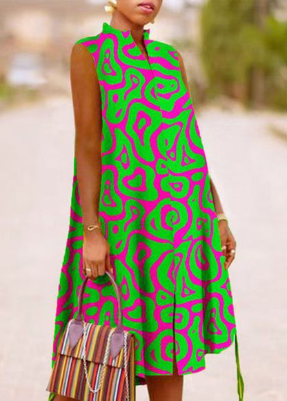 Print Stand Summer Green Dresses Boho Maxi Collar