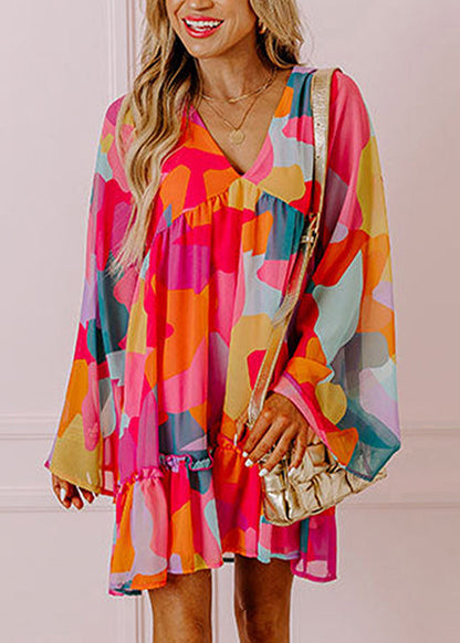 Fall Print Red Chiffon Dresses Boho Mid Wrinkled