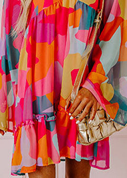 Fall Print Red Chiffon Dresses Boho Mid Wrinkled