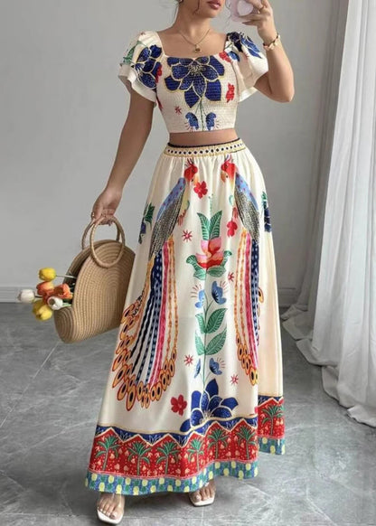 Piece Two Print Top Boho Skirts And Collar Square Set Summer Maxi