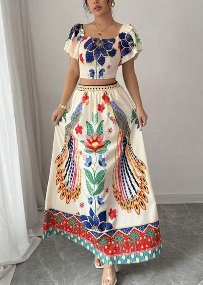 Piece Two Print Top Boho Skirts And Collar Square Set Summer Maxi