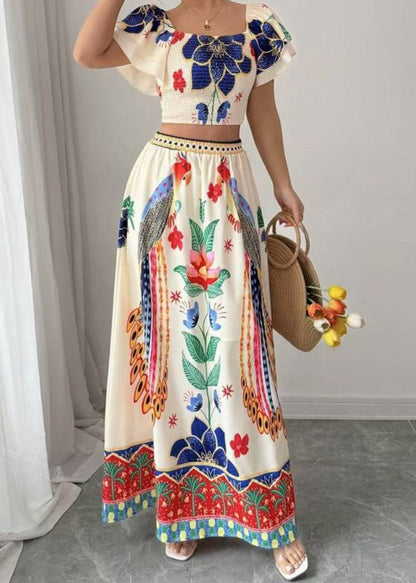 Piece Two Print Top Boho Skirts And Collar Square Set Summer Maxi