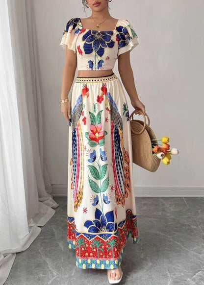 Piece Two Print Top Boho Skirts And Collar Square Set Summer Maxi