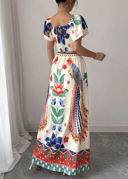 Piece Two Print Top Boho Skirts And Collar Square Set Summer Maxi