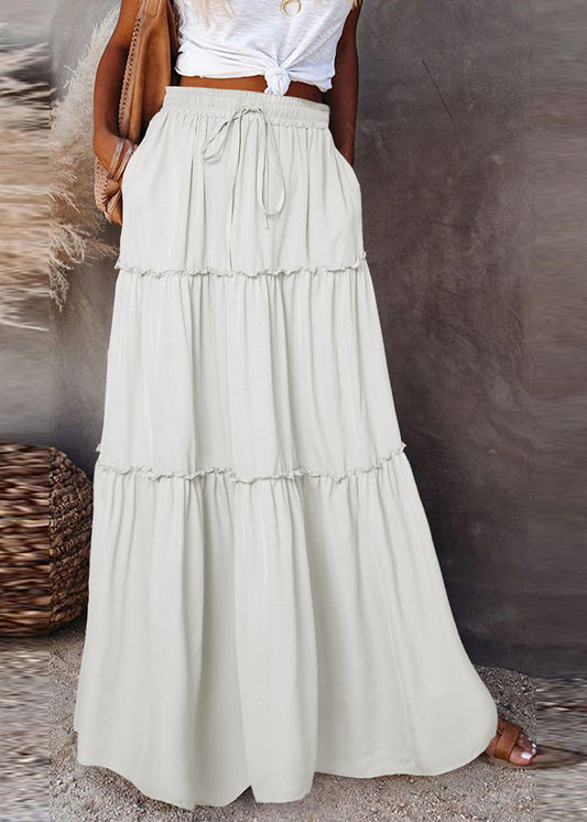 White Ruffled Summer Waist Skirts Maxi Patchwork Boho Elastic