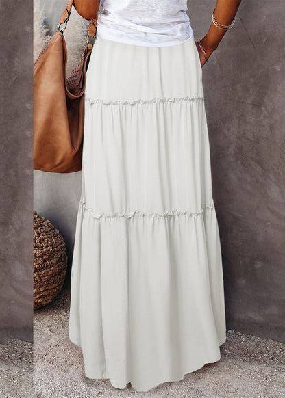 White Ruffled Summer Waist Skirts Maxi Patchwork Boho Elastic