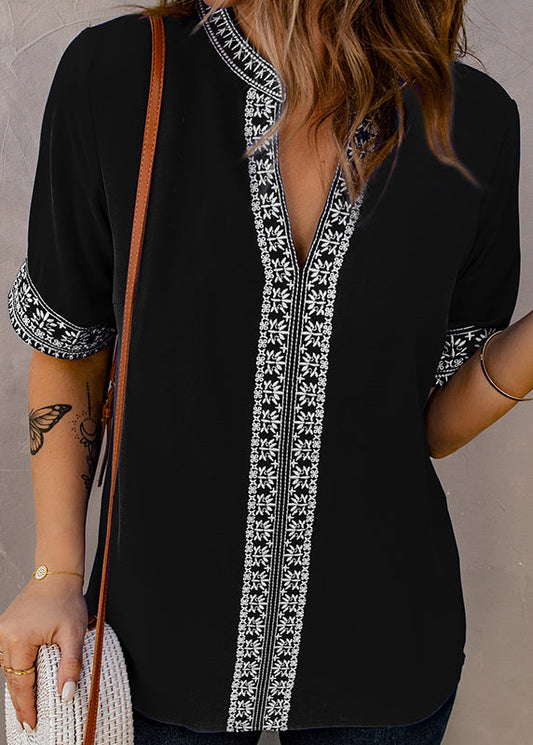 Short Patchwork Top Boutique Neck Sleeve V Black