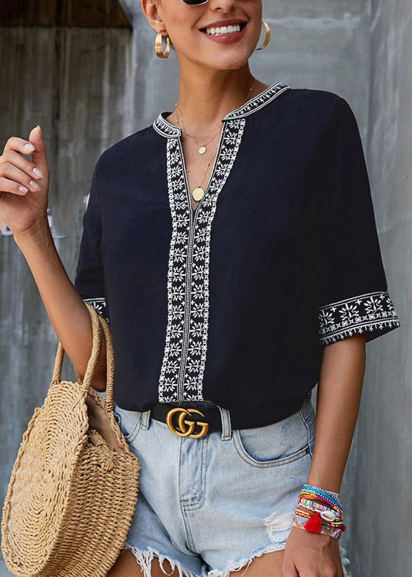 Short Patchwork Top Boutique Neck Sleeve V Black