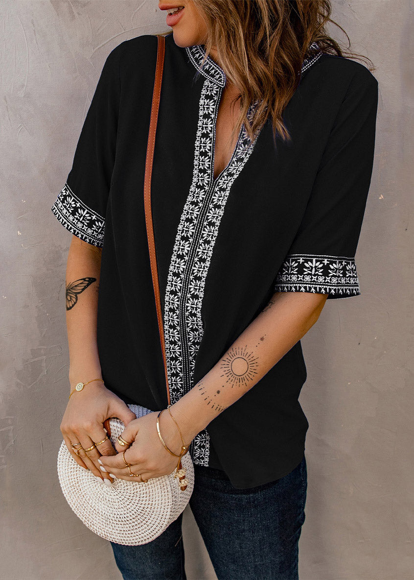 Short Patchwork Top Boutique Neck Sleeve V Black